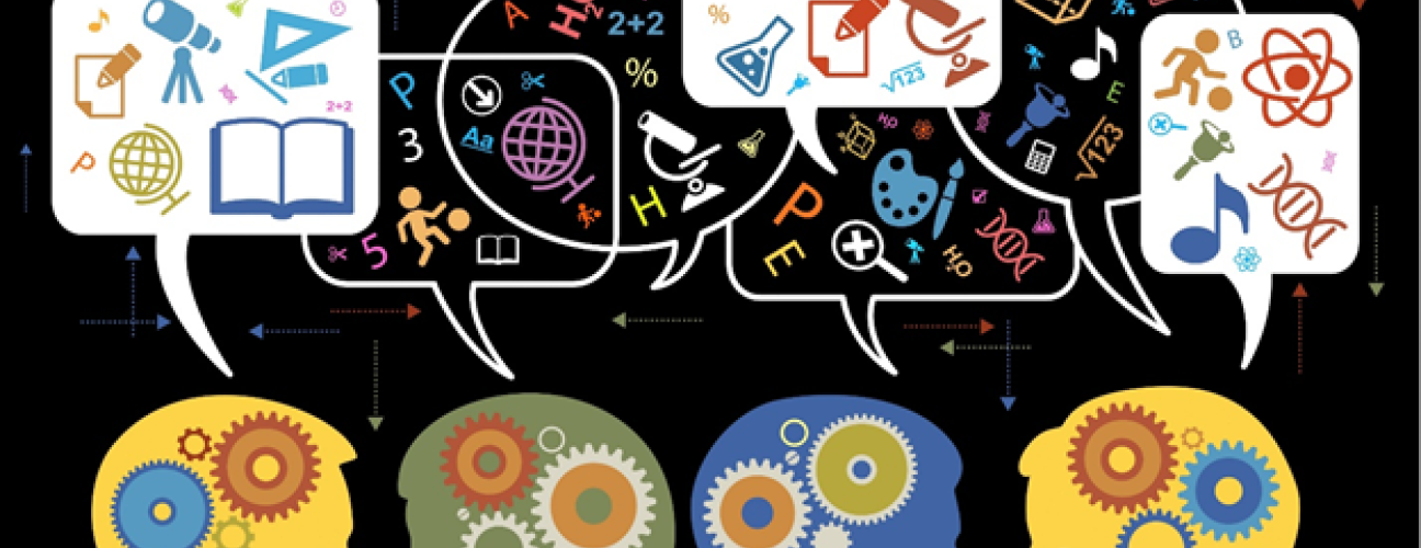 An abstract poster showing four people with mechanical gears inside their heads, each with a thought bubble above their heads containing various forms of knowledge and thinking (e.g., math, geometry, literature, sports, music)