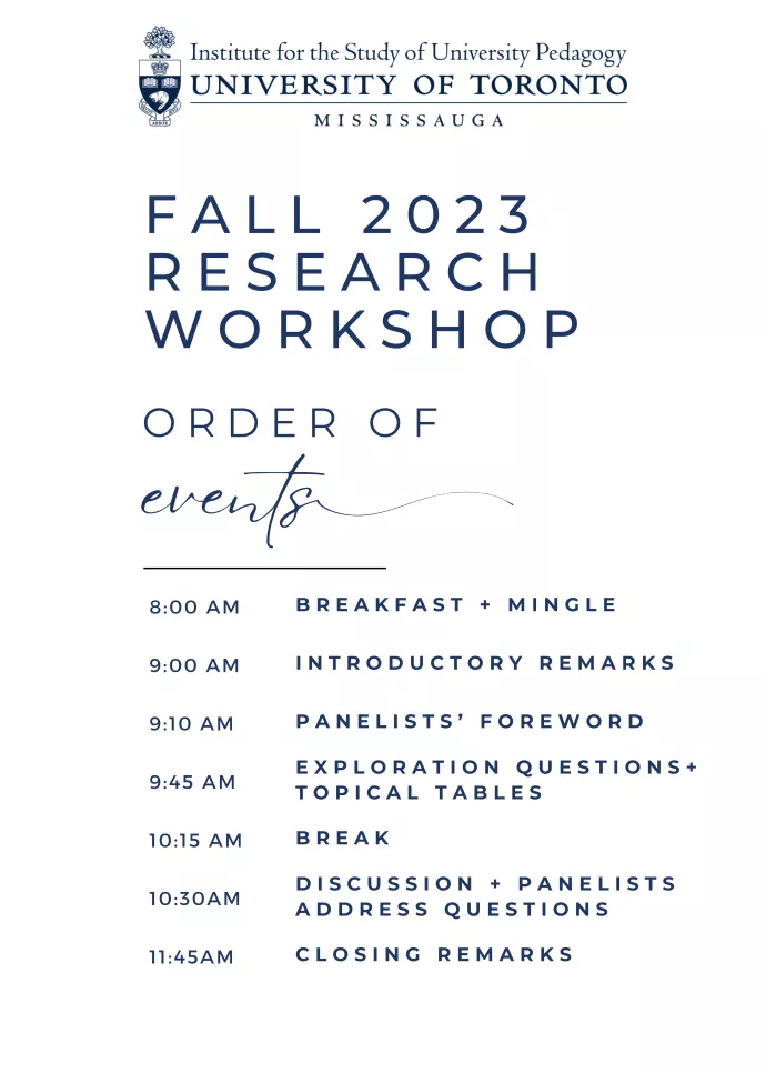 Institute for the Study of University Pedagogy. Fall 2023 Research Workshop Order of Events. Full program.