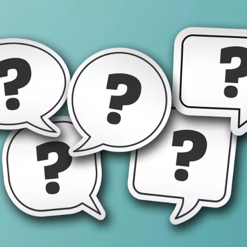 A turquoise background with five graphic question marks in speech bubbles.