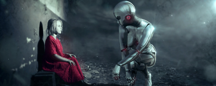 A picture depicting a silver android kneeling down in front of a little girl in a red dress.