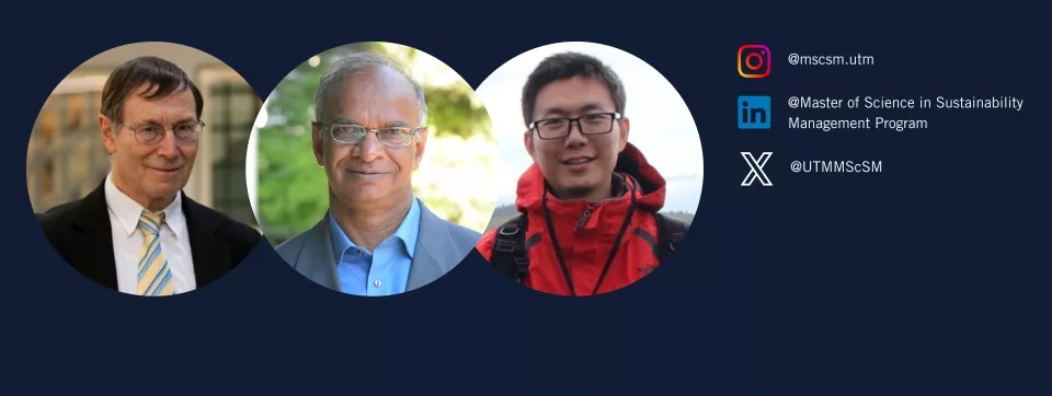 three faculty members on a blue background