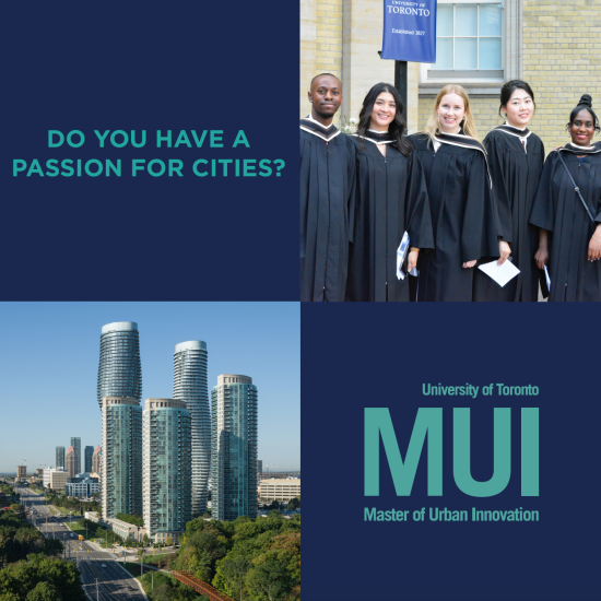 Front cover of MUI brochure with graduating studies, city of Mississauga, MUI logo, and Do you have a Passion for Cities?