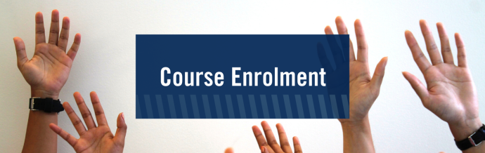 Background image shows people's raised hands in front of blank wall. Text says "Course Enrolment".