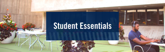Background image shows an outdoor patio, with a student sitting at a table on the right. Text says "Student Essentials".