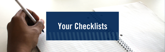 Background image shows a hand writing in an opened blank notebook. Text says "Your Checklists".