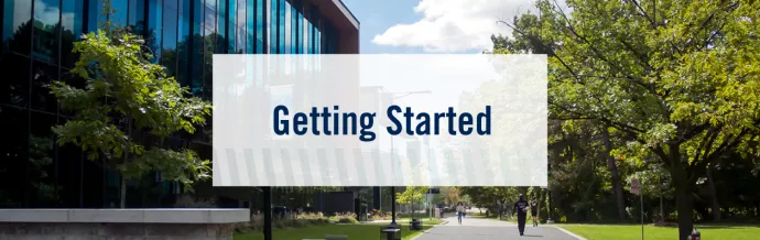 Background image is an outdoor shot of the UTM campus, with a blue-windowed building on the left, a walkway cutting through the middle, and a bright green tree on the right. Text says "Getting Started".