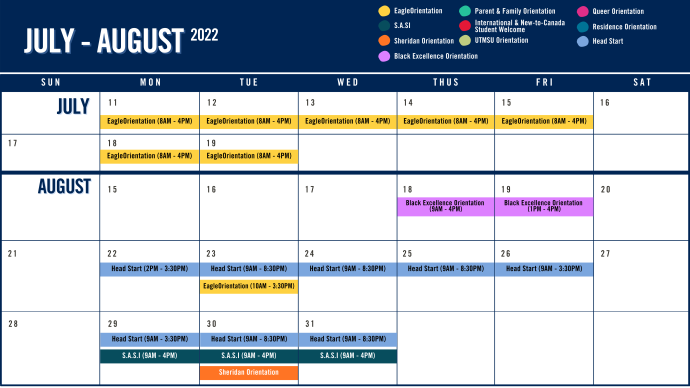 July-August 2022 calendar of orientation events.
