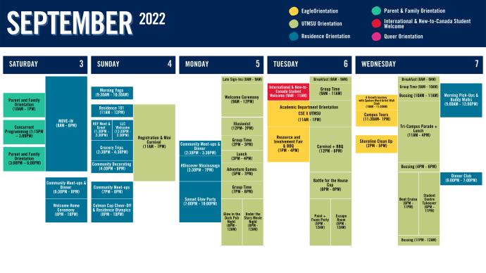 Detailed event schedule of September Orientation offerings