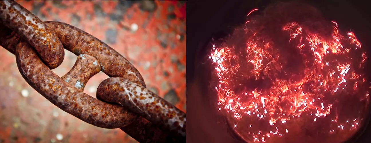 An iron chain rusting on the left (Pixabay) and steel wool burning in air on the right (NurdRage).