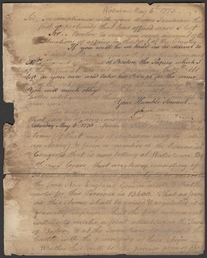 A letter from Benjamin Thompson to an Unidentified Recipient, May 6, 1775. University of Michigan, Clements Library.