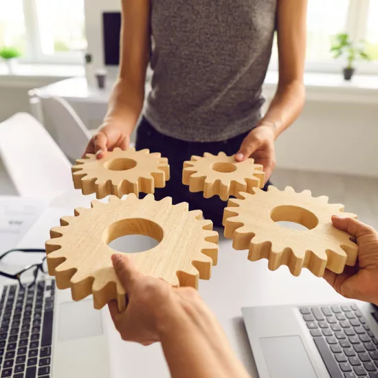 two people each holding 2 wooden gears across from each other, attempting to connect the gears