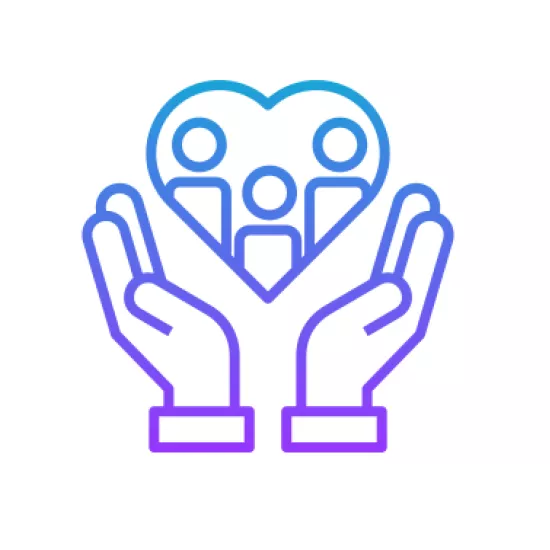an icon of open hands holding up a love heart with three people inside