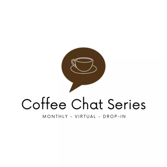 Chat bubble with a coffee cup inside underneath text says "monthly - virtual - drop-in"