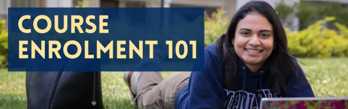 Event banner reads "Course Enrolment 101" with image of a student lying on the grass with their laptop