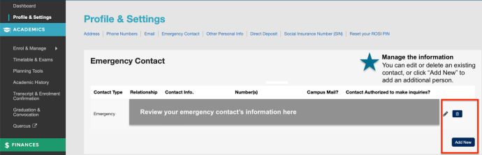 Add more than one emergency contact by clicking "add new" 