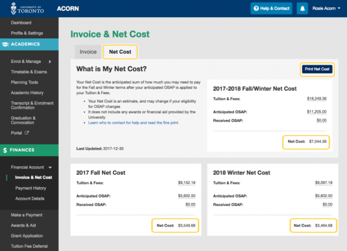 Screenshot of Net Cost feature on ACORN