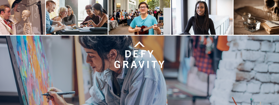 Collage of students in Arts, Science and Business programs with the U of T Defy Gravity logo overlayed