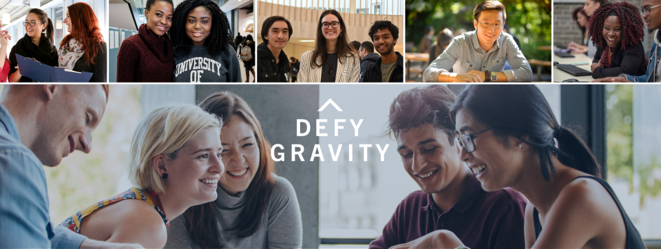 Collage of students together in groups with the U of T Defy Gravity logo overlayed