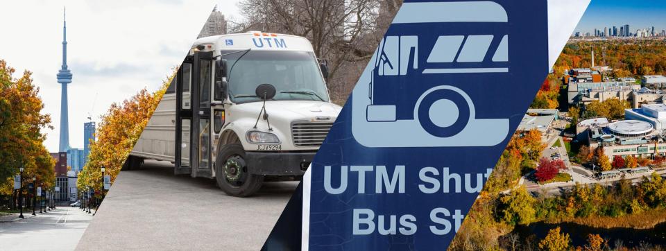 collage of images with shuttle bus, St. George campus and UTM campus
