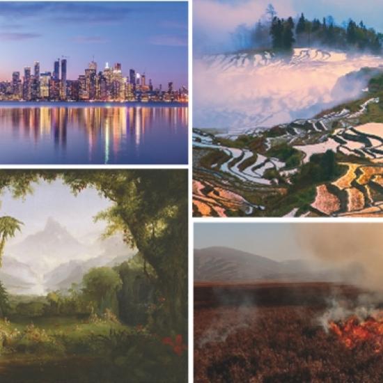 four landscapes showing the Toronto skyline, a hill with snow and fields, a forested area, and a grass area with a wildfire burning