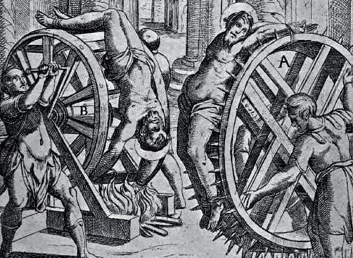Black and white drawing of two men being tortured, each tied to a separate wheel. One wheel has spikes while the other is being cranked by a second man and there's a fire at the bottom.