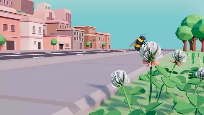 An animated still from Sherry An's video depicting a bee on a flower at the side of a paved road.