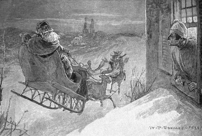 Black and white illustration of Santa Claus from 'Twas the Night Before Christmas.