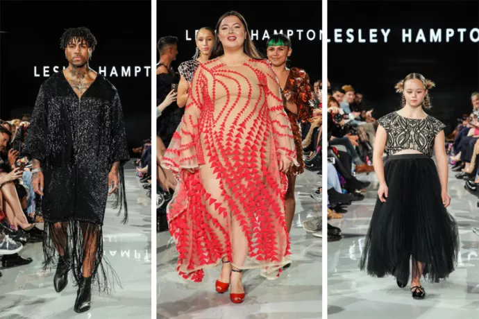 Three side-by-side photos from the runway of a fashion snow. The one on the left shows a male with tattoos wearing a knee-length black sequinned smock. The middle image is of Lesley Hampton wearing a red and nude dress. The last image shows a woman in a black tulle-like full length skirt and black and nude crop top.