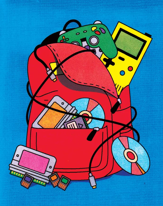 Illustration of backpack full of gaming paraphernalia