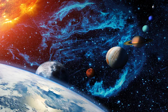 Illustration of the solar system, with earth in the foreground followed by the moon, Mars, Jupiter, Saturn, Uranus, Neptune and the dwarf Pluto. Behind the row of planets is a blue stellar nebula.
