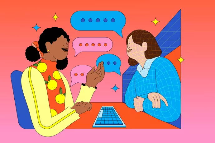 Illustration of two people talking to one another with a keyboard on the table between them and text bubbles in the air with dots in them