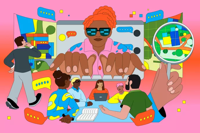 Illustration of a woman typing on a keyboard in the centre, with people sitting at a desk below her.