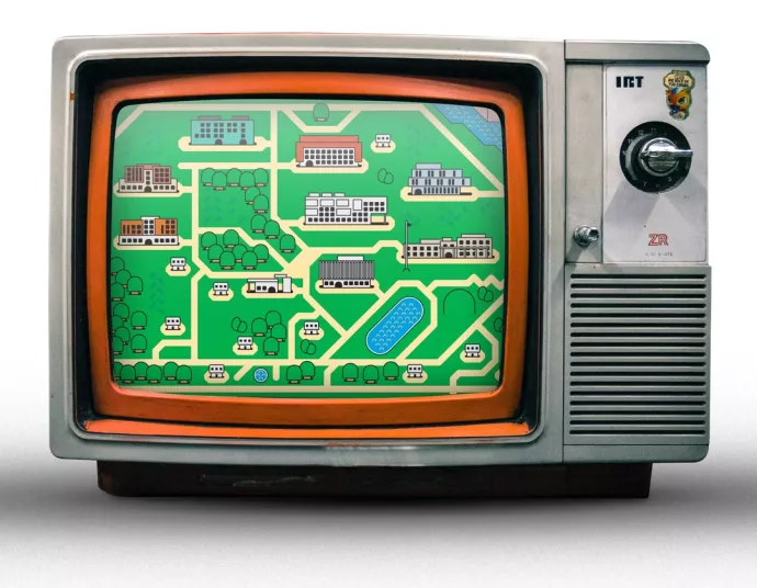 Vintage TV screen displays map for Day of Play 