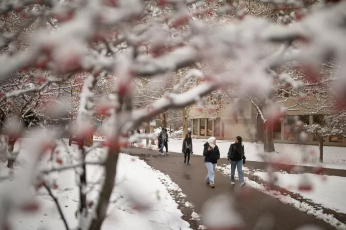 students walk along a UTM path in winter