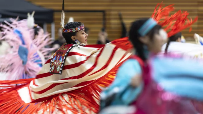 Deanne Hupfield dances during the inaugural All-Nations Powwow at the University of Toronto Mississauga on March 25, 2023.
