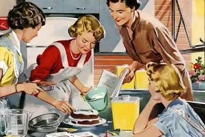 Illustration of four women dressed in 1950s attire making a cake