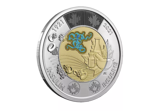 Illustration of Canadian $2 silver coin with gold-coloured centre. Words on coin include: 1921, 2021, Insulin, Insuline. Images on coin include mortar and pestle, beaker, insulin vial, Canadian maple leaf, blood cells and blue molecule