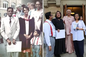Two photos side-by-side, the first showing a family of four standing on steps, second photo is a recreation of the first, with family standing on concrete steps