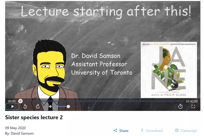 Screenshot of cartoon image of David Samson on blackboard with following words: Lecture starting after this! Dr. David Samson, assistant professor, University of Toronto