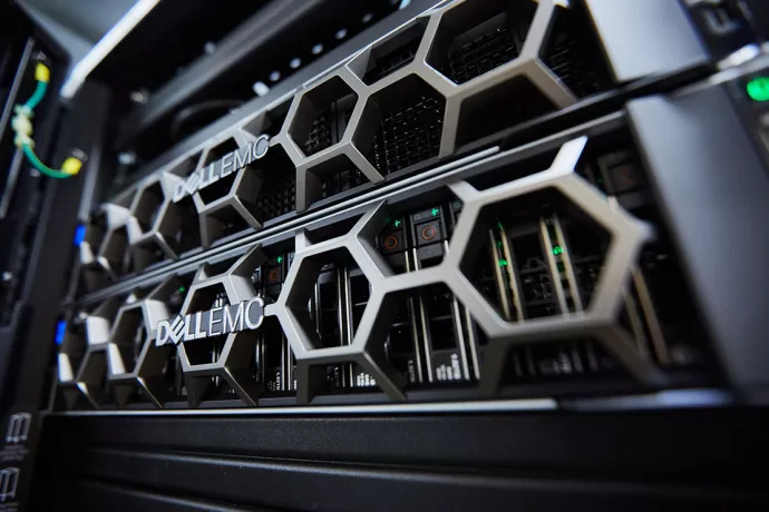 Close-up of computer server, with name DELL on front