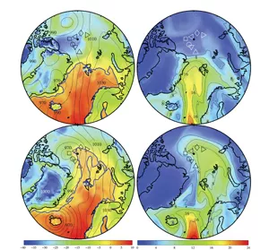 four circular images showing warming patterns at the North Pole