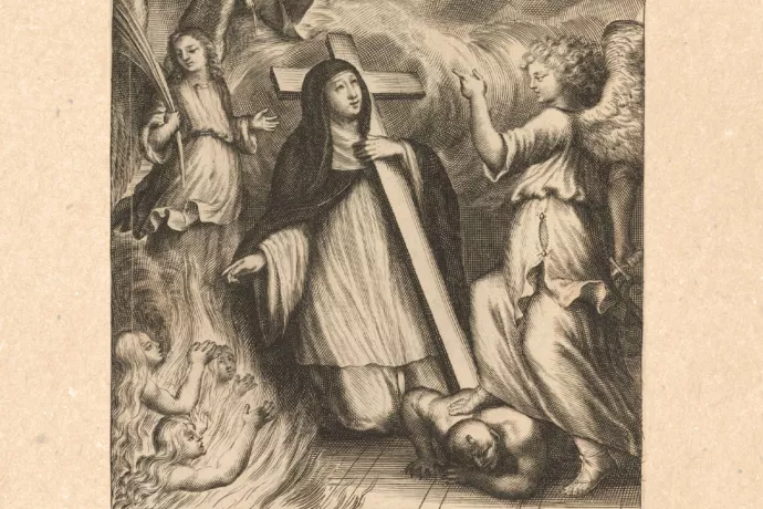 Black and white illustration of nun kneeling, holding wooden cross, surrounded by angels. The angel in front of her is standing, with the devil held below her right foot.