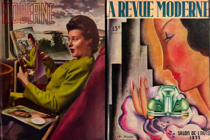 Two magazine covers. On left is a drawing of a woman sitting on a chair next to a window holding up the cover of the magazine she is on the cover of. The other shows a drawing of a woman's face from the side, her hand holding a green car. Text reads: La Revue Moderne, 15C, salon de l'auto 1935