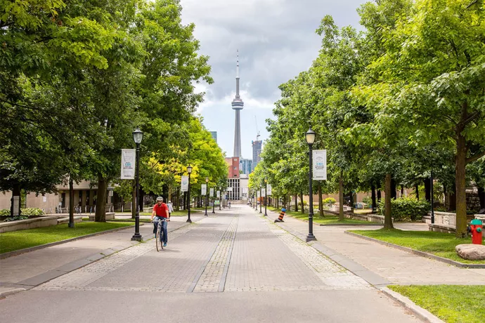 Man riding a bike toward camera along road on St. George campus with CN Tower on the background