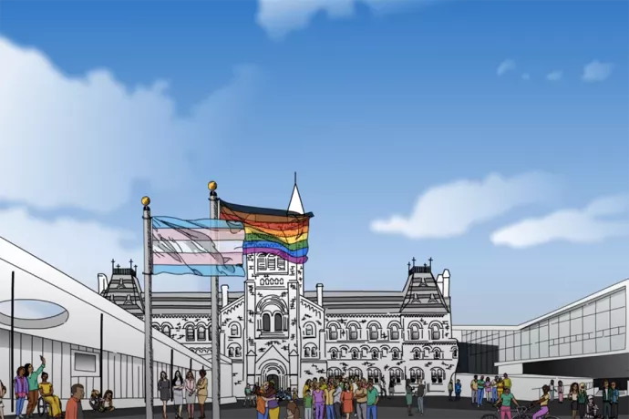 Line art of three buildings from each campus with the pride flag raised in front