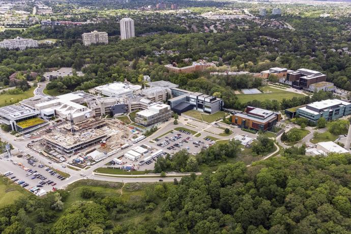 Aerial photo of UTM, showing buildings group together, surrounded by trees