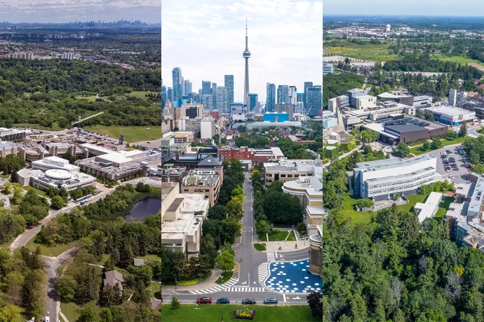 Three aerial photos of each campus: Scarborough, St. George and Mississauga