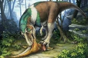 Gorgosaurus using its specialized teeth for feeding on a young Corythosaurus 