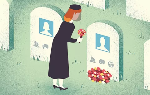 illustration of woman leaving flowers at a grave with a facebook avatar image on the tombstone