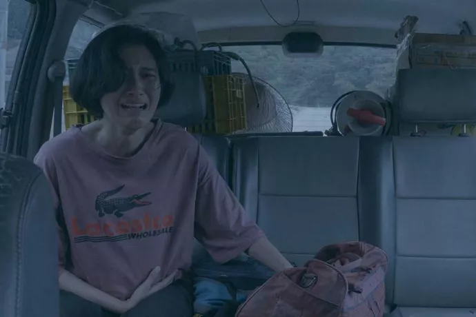 A woman cries in the backseat of a car.